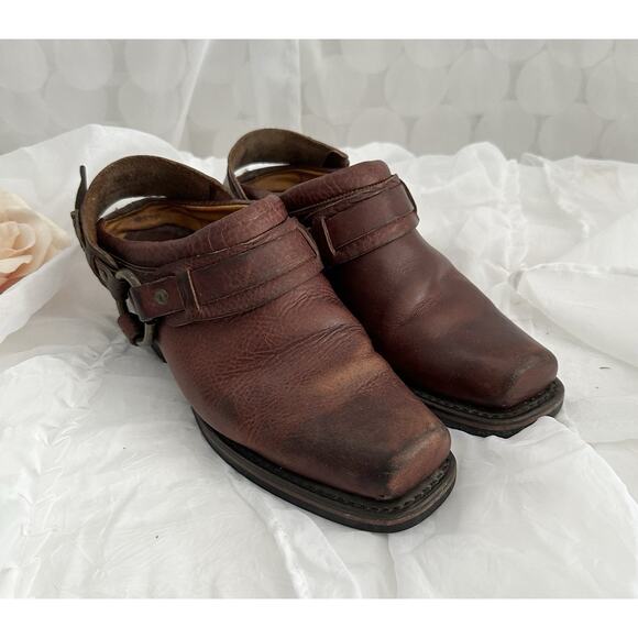 FRYE Belted Harness Mule Motorcycle Brown Slip-on Clog Woman’s Size 8M USA Made
